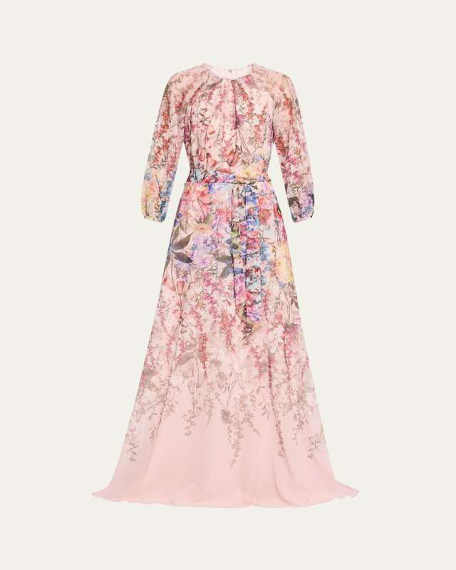 Blouson-Sleeve Floral-Print Chiffon Gown